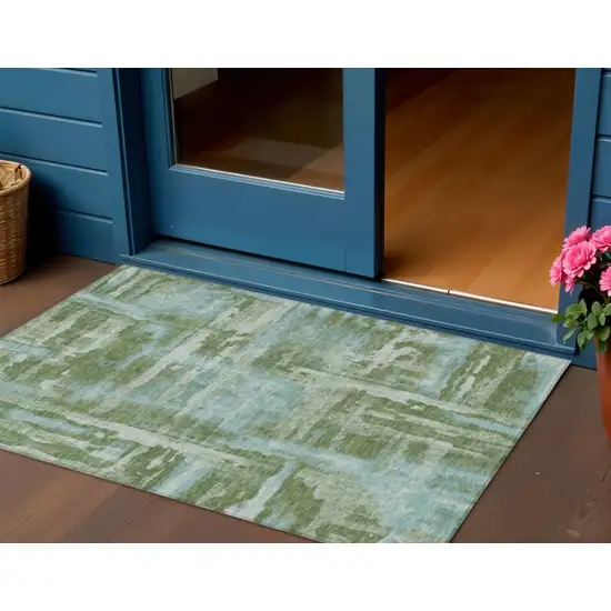 Fern Green And Sky Blue Abstract Washable Indoor Outdoor Area Rug Photo 2
