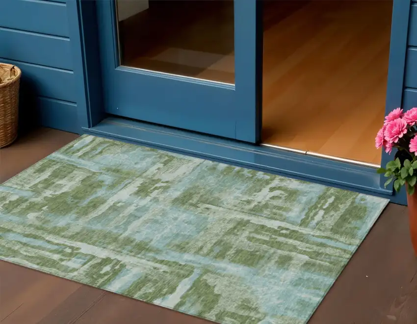 Fern Green And Sky Blue Abstract Washable Indoor Outdoor Area Rug Photo 2