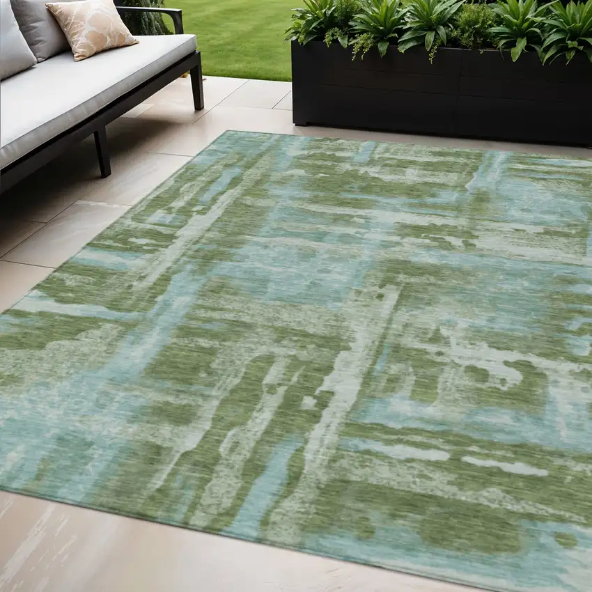 Fern Green And Sky Blue Abstract Washable Indoor Outdoor Area Rug Photo 2
