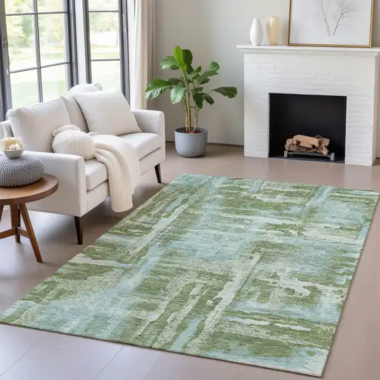 Fern Green And Sky Blue Abstract Washable Indoor Outdoor Area Rug Photo 5