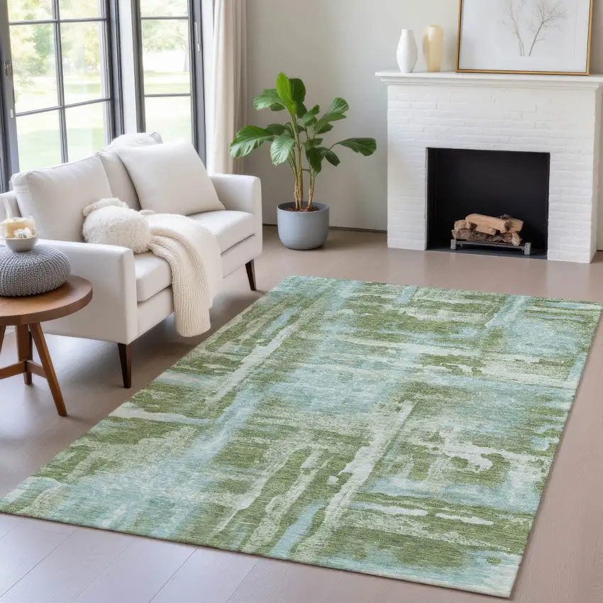 Fern Green And Sky Blue Abstract Washable Indoor Outdoor Area Rug Photo 5