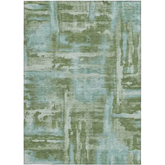 Fern Green And Sky Blue Abstract Washable Indoor Outdoor Area Rug Photo 1