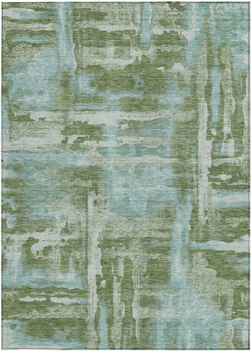 Fern Green And Sky Blue Abstract Washable Indoor Outdoor Area Rug Photo 1
