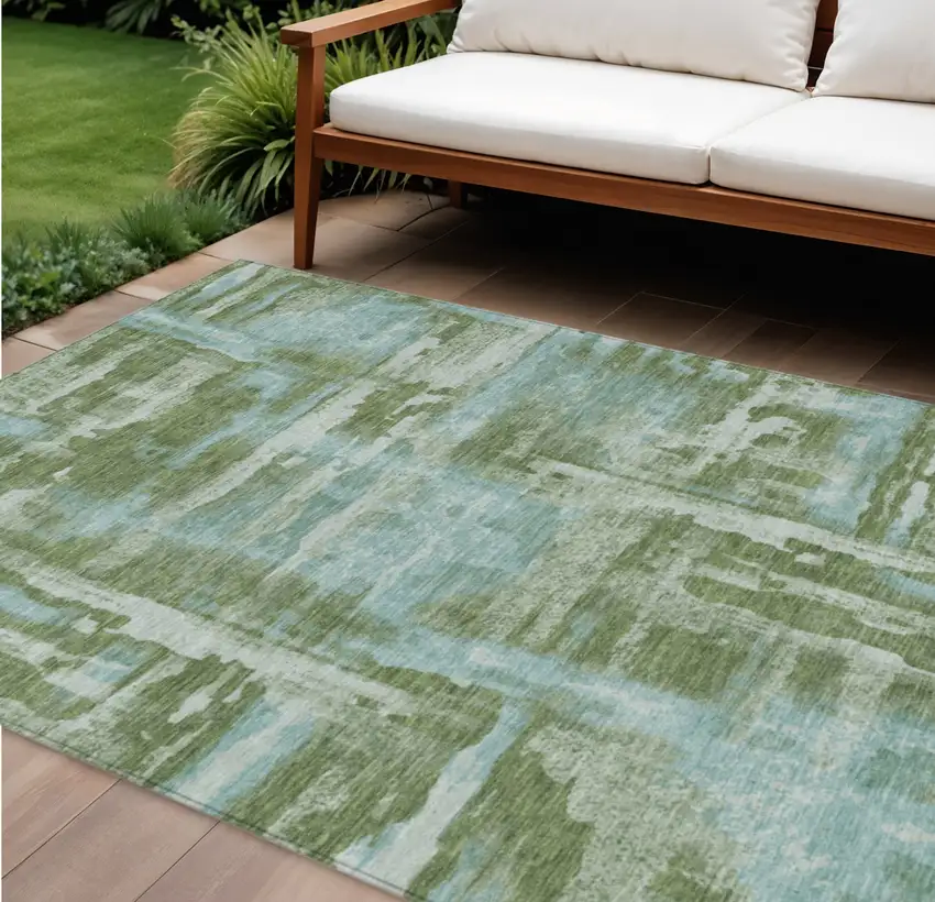 Fern Green And Sky Blue Abstract Washable Indoor Outdoor Area Rug Photo 2