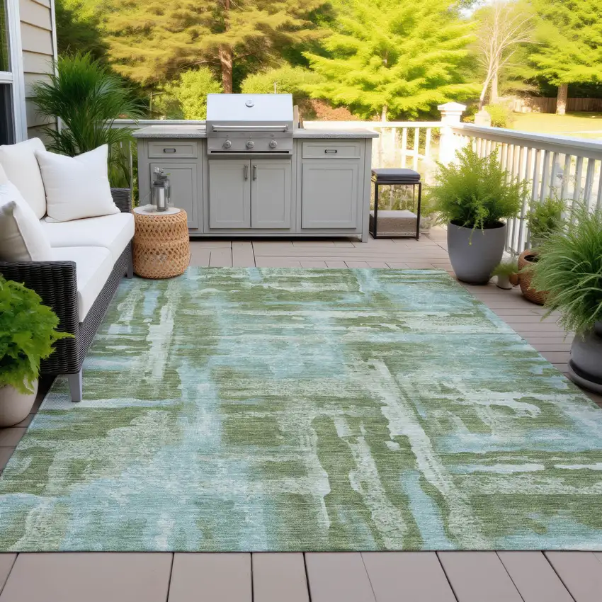 Fern Green And Sky Blue Abstract Washable Indoor Outdoor Area Rug Photo 8