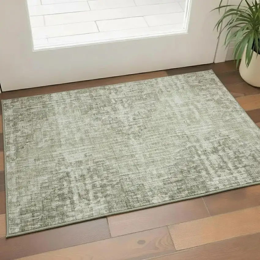 Fern Green And Taupe Geometric Washable Area Rug With UV Protection Photo 2