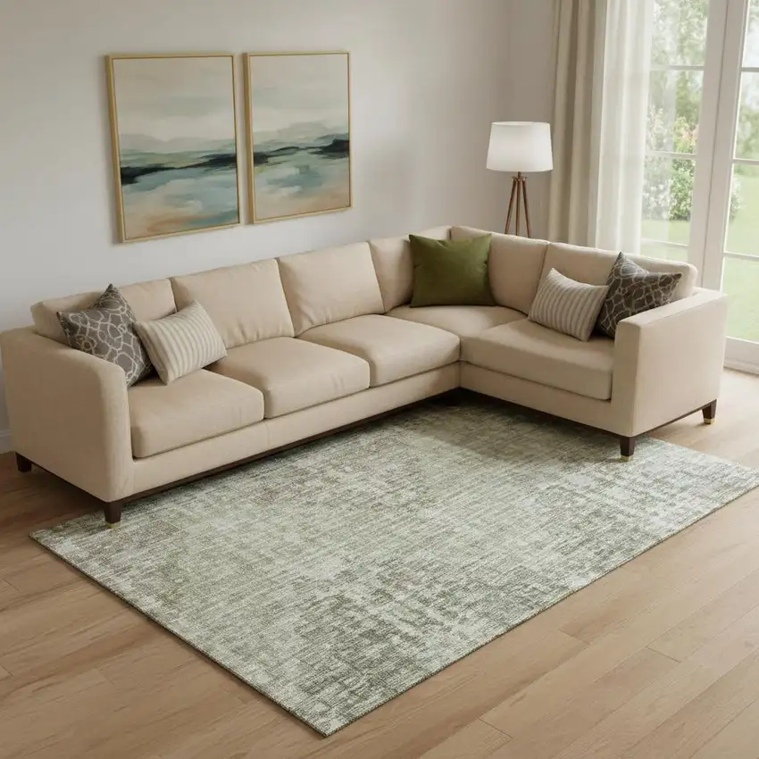 Fern Green And Taupe Geometric Washable Area Rug With UV Protection Photo 2