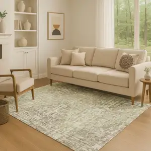 Photo of Fern Green And Taupe Geometric Washable Area Rug With UV Protection