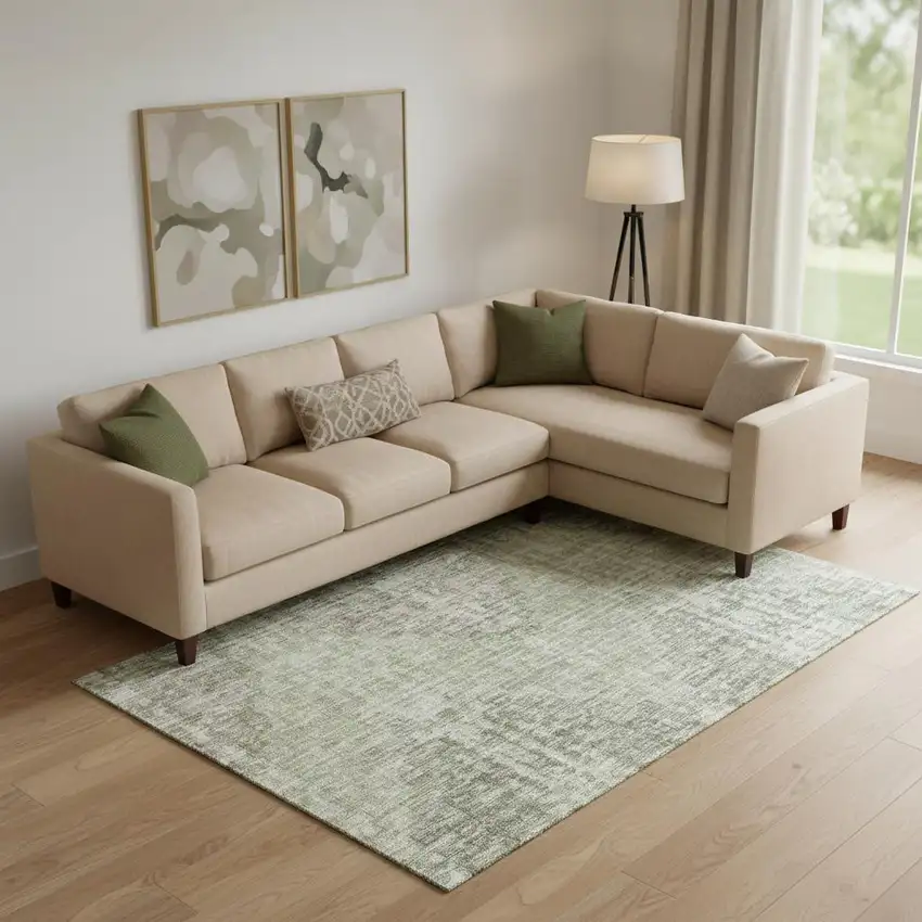 Fern Green And Taupe Geometric Washable Area Rug With UV Protection Photo 2