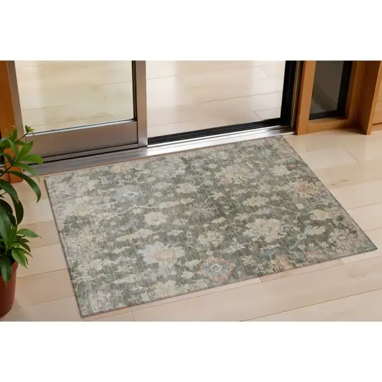 Fern Green Beige And Blue Floral Washable Indoor Outdoor Area Rug Photo 1