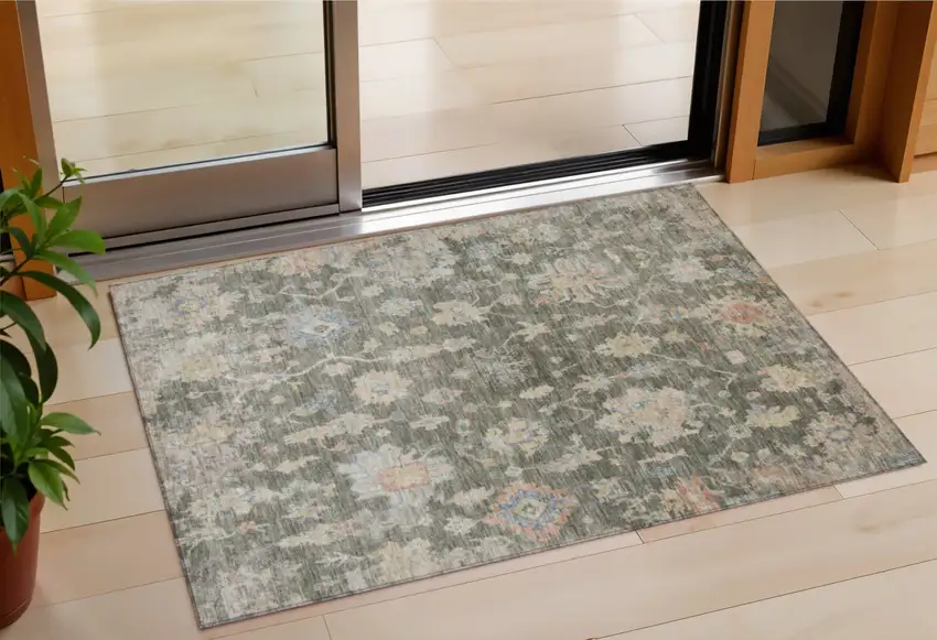 Fern Green Beige And Blue Floral Washable Indoor Outdoor Area Rug Photo 1