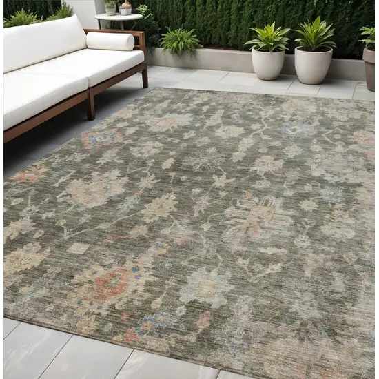 Fern Green Beige And Blue Floral Washable Indoor Outdoor Area Rug Photo 1