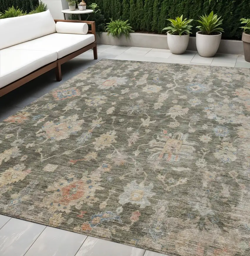 Fern Green Beige And Blue Floral Washable Indoor Outdoor Area Rug Photo 1