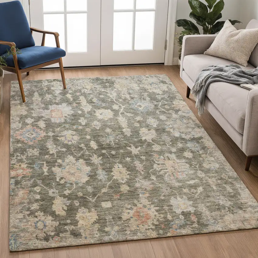 Fern Green Beige And Blue Floral Washable Indoor Outdoor Area Rug Photo 3