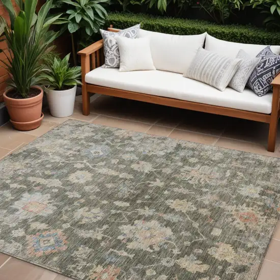 Fern Green Beige And Blue Floral Washable Indoor Outdoor Area Rug Photo 1