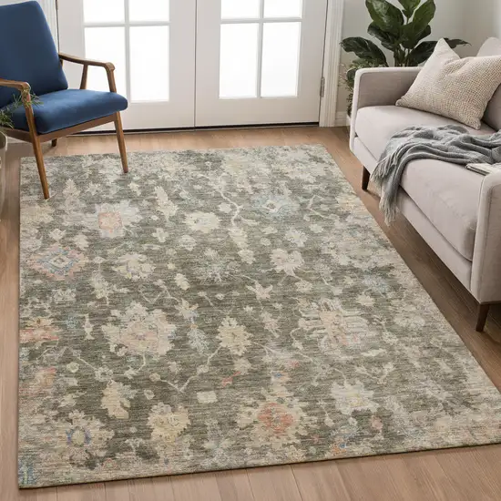 Fern Green Beige And Blue Floral Washable Indoor Outdoor Area Rug Photo 3