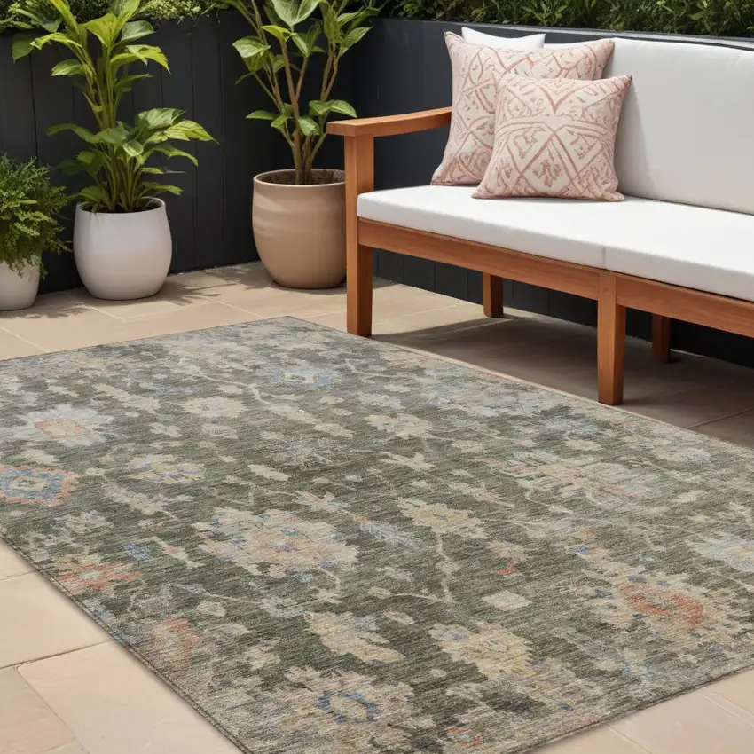 Fern Green Beige And Blue Floral Washable Indoor Outdoor Area Rug Photo 1