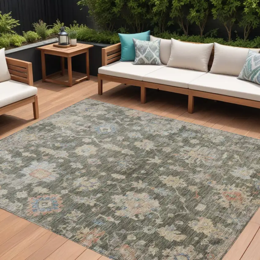 Fern Green Beige And Blue Floral Washable Indoor Outdoor Area Rug Photo 1