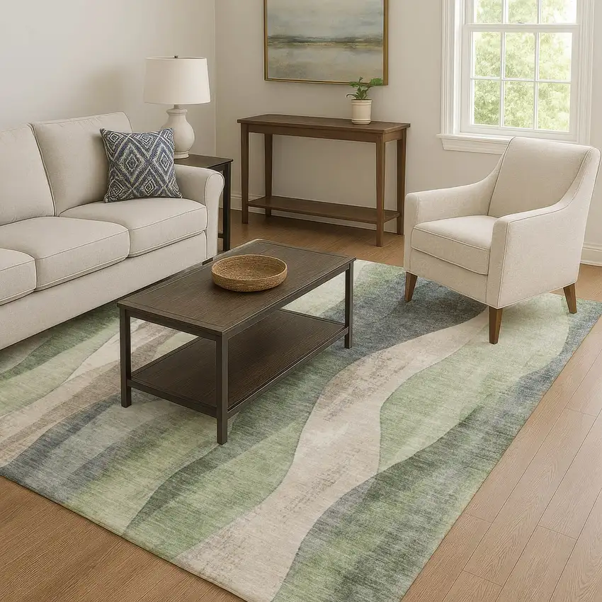 Fern Green Beige And Gray Abstract Washable Area Rug With UV Protection Photo 6