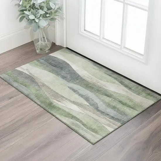Fern Green Beige And Gray Abstract Washable Area Rug With UV Protection Photo 2