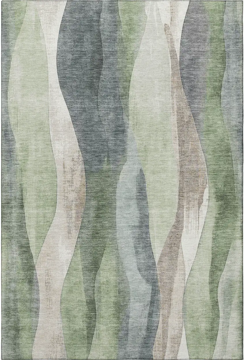 Fern Green Beige And Gray Abstract Washable Area Rug With UV Protection Photo 4