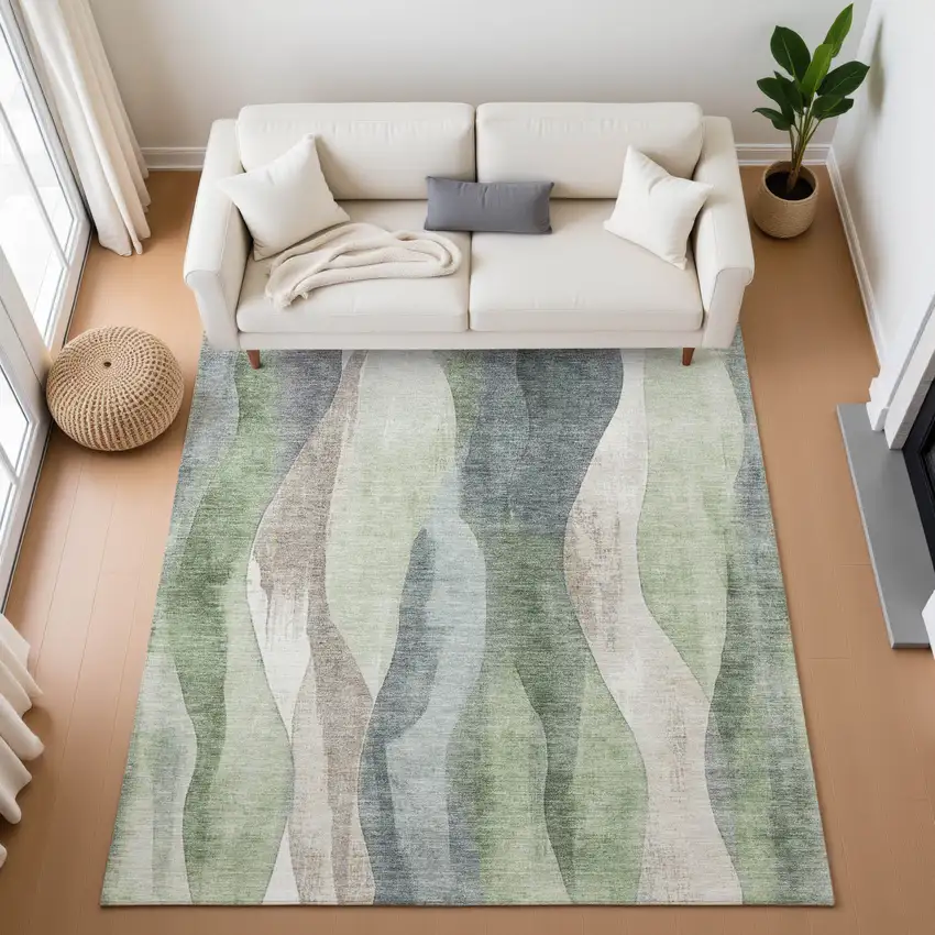Fern Green Beige And Gray Abstract Washable Area Rug With UV Protection Photo 5