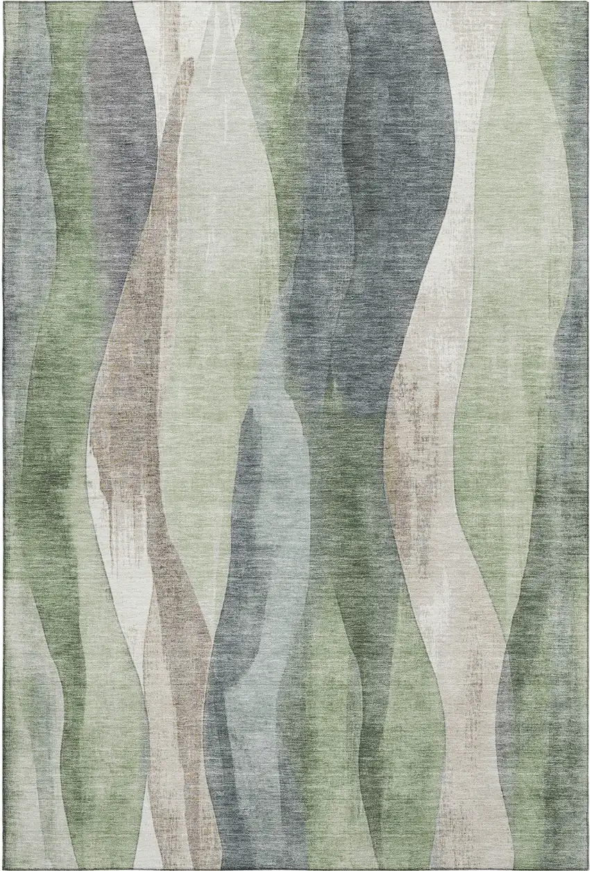 Fern Green Beige And Gray Abstract Washable Area Rug With UV Protection Photo 1
