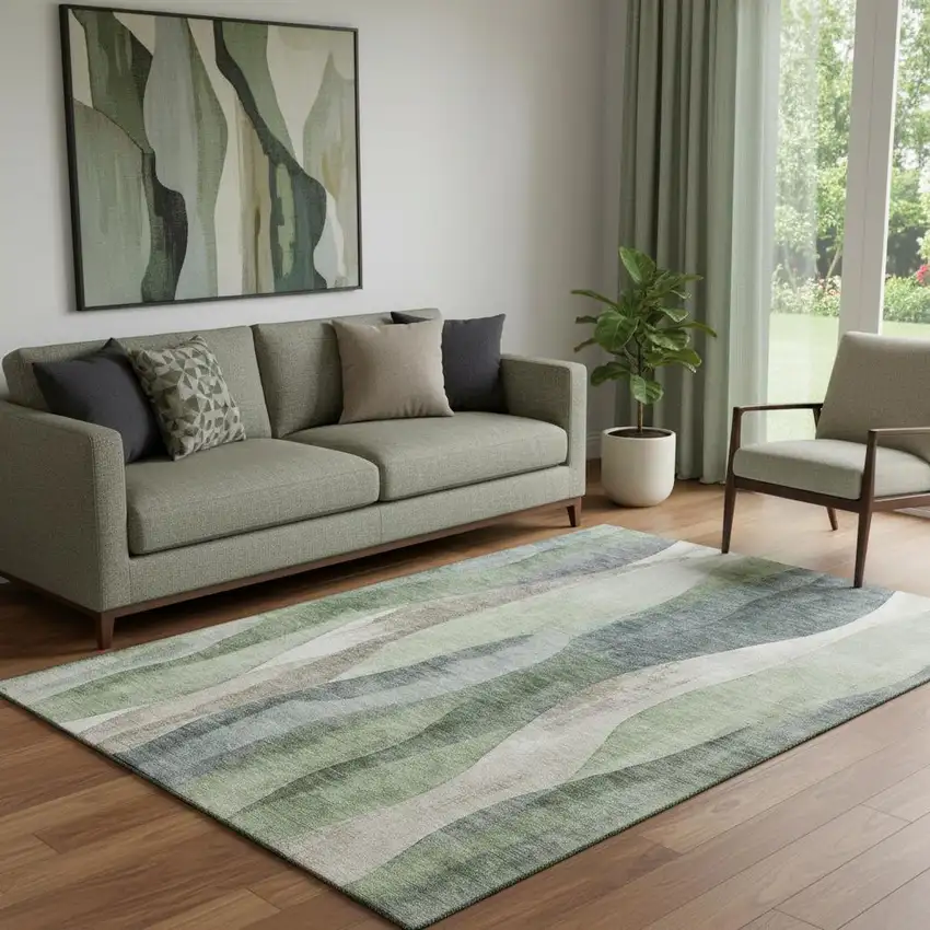 Fern Green Beige And Gray Abstract Washable Area Rug With UV Protection Photo 2