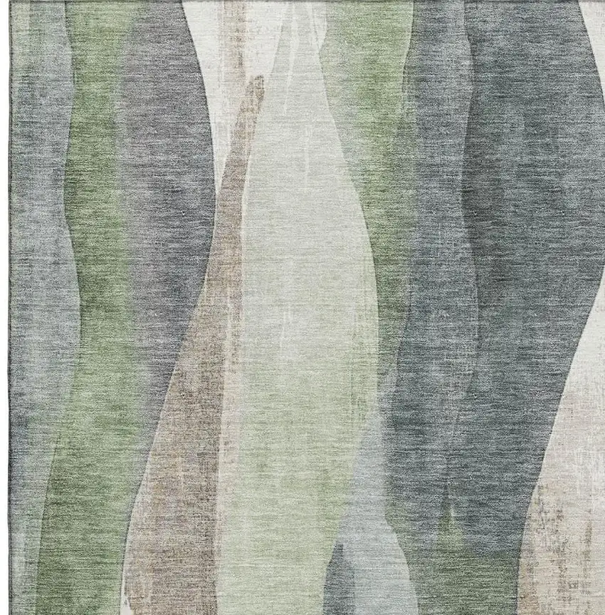 Fern Green Beige And Gray Abstract Washable Area Rug With UV Protection Photo 3