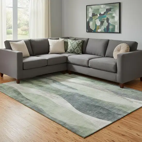 Fern Green Beige And Gray Abstract Washable Area Rug With UV Protection Photo 2