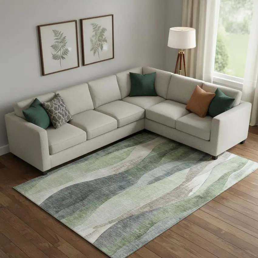 Fern Green Beige And Gray Abstract Washable Area Rug With UV Protection Photo 2