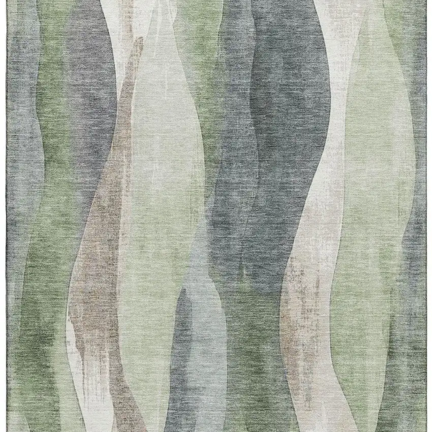 Fern Green Beige And Gray Abstract Washable Area Rug With UV Protection Photo 3