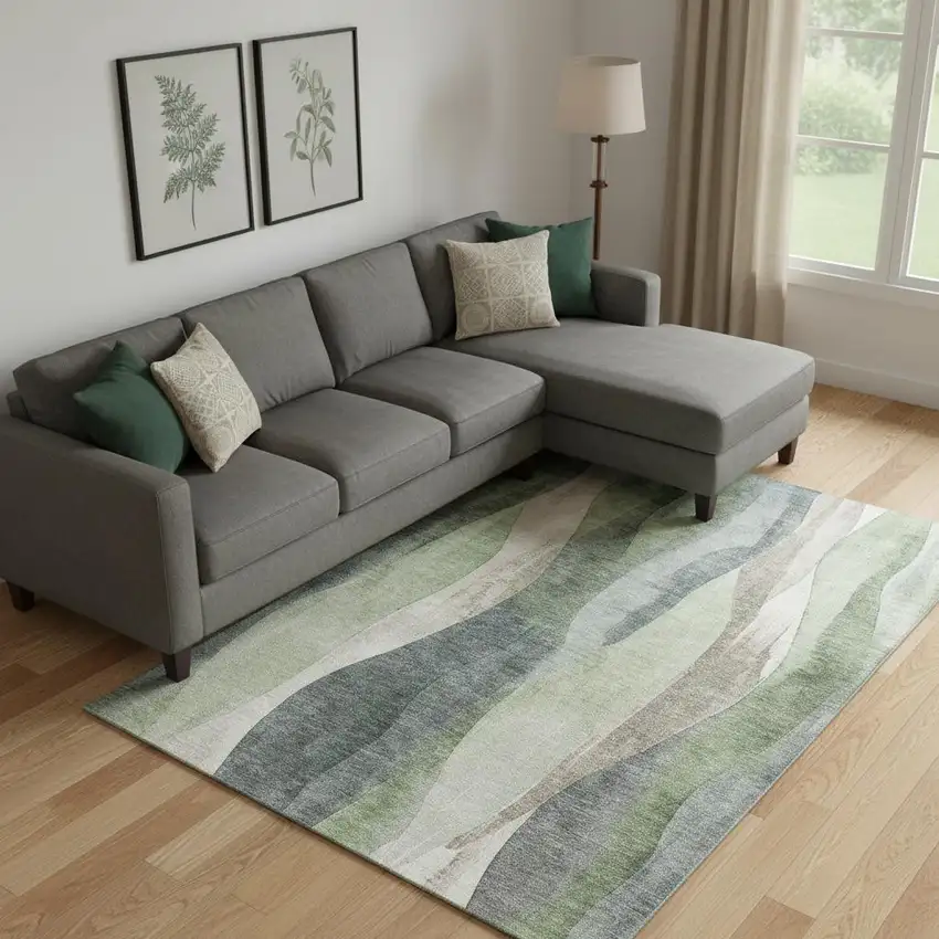 Fern Green Beige And Gray Abstract Washable Area Rug With UV Protection Photo 2