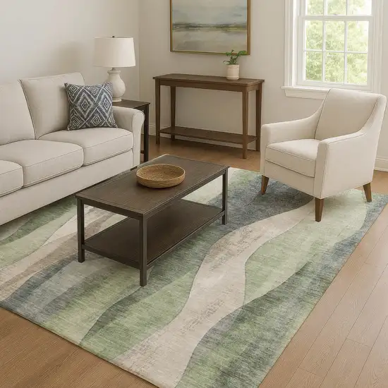 Fern Green Beige And Gray Abstract Washable Area Rug With UV Protection Photo 6