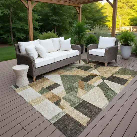 Fern Green Beige And Ivory Geometric Washable Indoor Outdoor Area Rug Photo 7