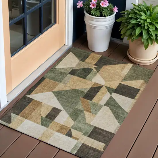 Fern Green Beige And Ivory Geometric Washable Indoor Outdoor Area Rug Photo 1