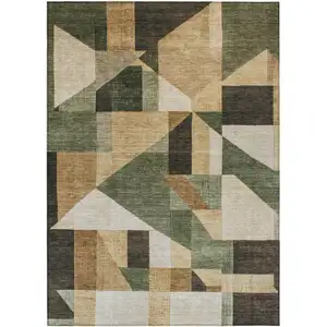 Photo of Fern Green Beige And Ivory Geometric Washable Indoor Outdoor Area Rug