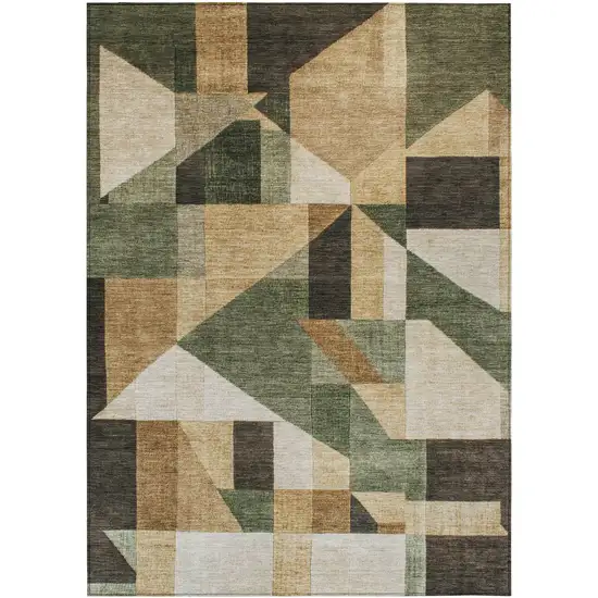 Fern Green Beige And Ivory Geometric Washable Indoor Outdoor Area Rug Photo 1