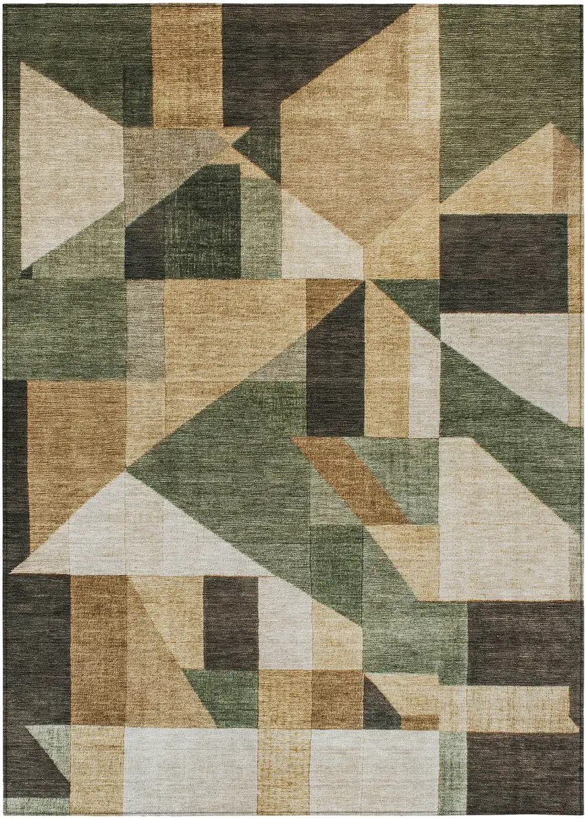 Fern Green Beige And Ivory Geometric Washable Indoor Outdoor Area Rug Photo 1