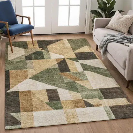 Fern Green Beige And Ivory Geometric Washable Indoor Outdoor Area Rug Photo 5