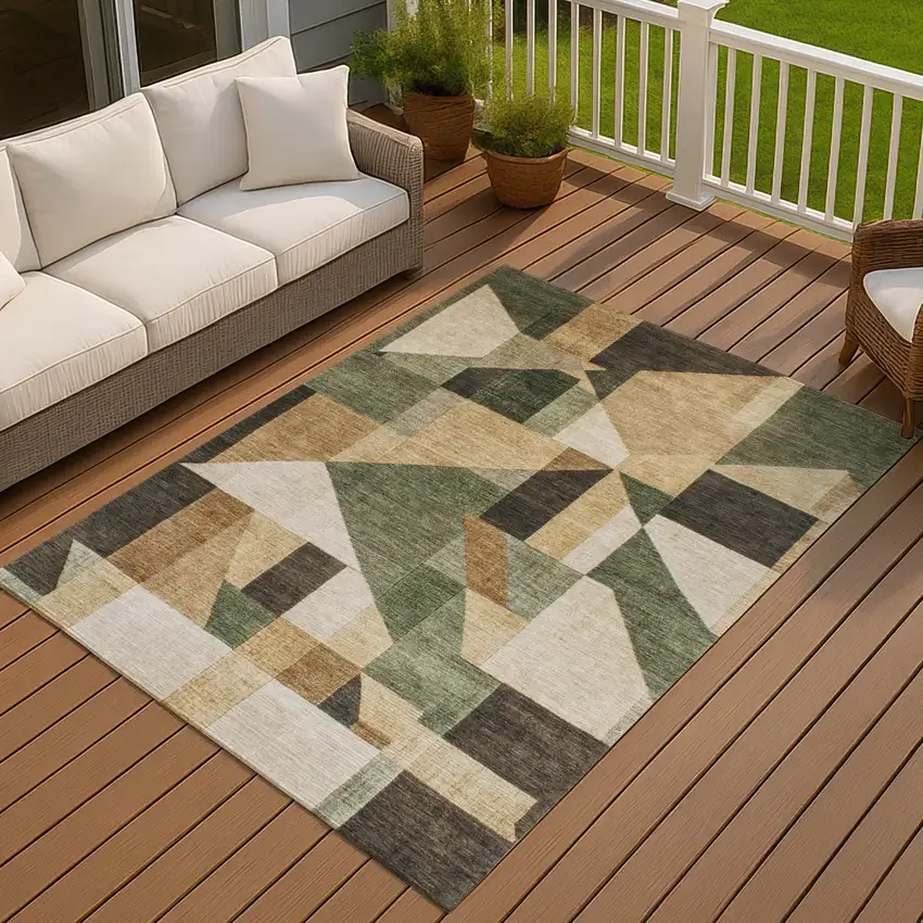 Fern Green Beige And Ivory Geometric Washable Indoor Outdoor Area Rug Photo 4