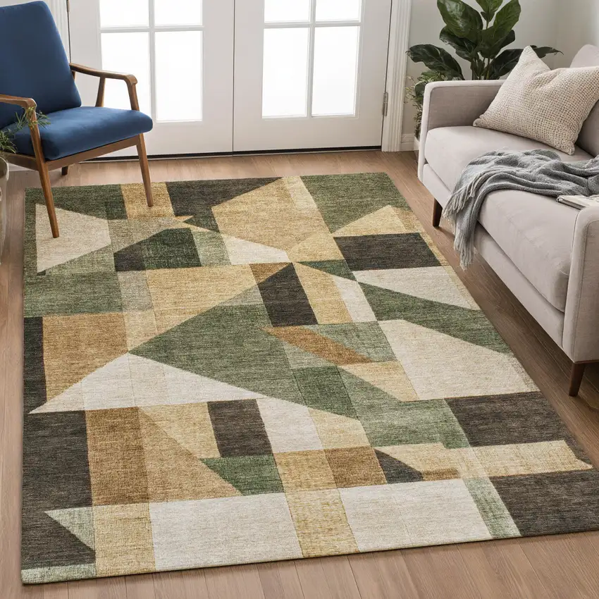 Fern Green Beige And Ivory Geometric Washable Indoor Outdoor Area Rug Photo 5