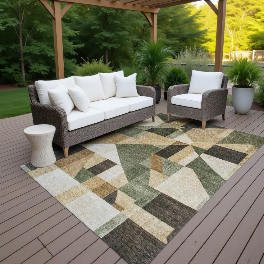 Fern Green Beige And Ivory Geometric Washable Indoor Outdoor Area Rug Photo 7