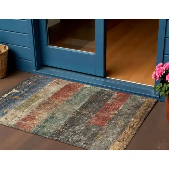 Fern Green Black And Terra Cotta Striped Washable Indoor Outdoor Area Rug Photo 1