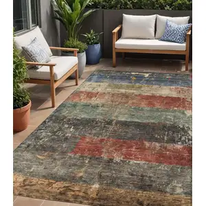 Photo of Fern Green Black And Terra Cotta Striped Washable Indoor Outdoor Area Rug