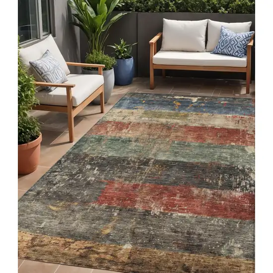Fern Green Black And Terra Cotta Striped Washable Indoor Outdoor Area Rug Photo 1