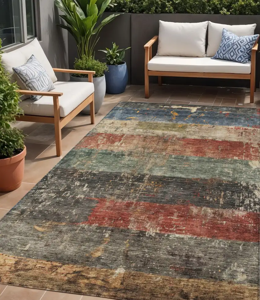 Fern Green Black And Terra Cotta Striped Washable Indoor Outdoor Area Rug Photo 1