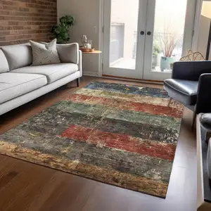 Photo of Fern Green Black And Terra Cotta Striped Washable Indoor Outdoor Area Rug
