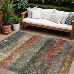 Photo of Fern Green Black And Terra Cotta Striped Washable Indoor Outdoor Area Rug