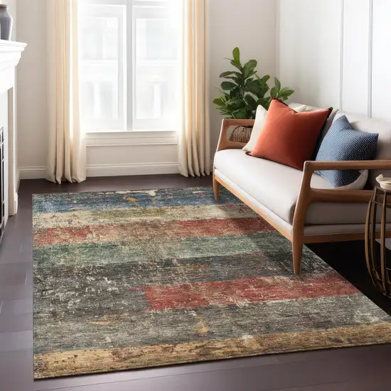 Fern Green Black And Terra Cotta Striped Washable Indoor Outdoor Area Rug Photo 9